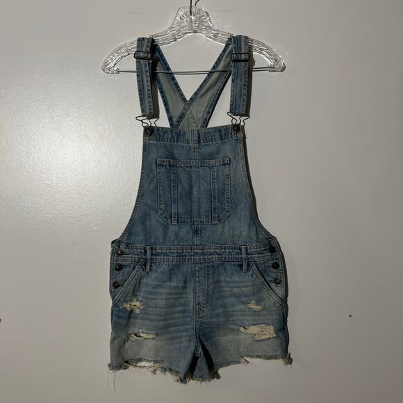 NWT Abercrombie&Fitch Denim Distressed Shorts Denim Overalls Blue Wash Womans S - Picture 1 of 7